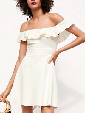 Zara Linen Blend Cream off the shoulder Ruffle Dress | Size L | Never Worn